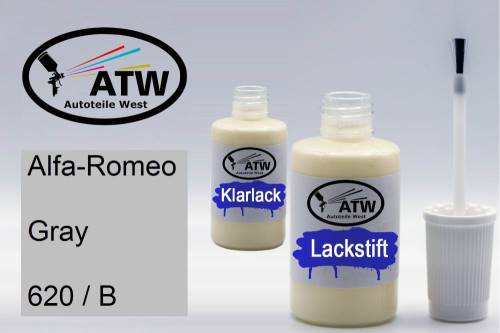 Alfa-Romeo, Gray, 620 / B: 20ml Lackstift + 20ml Klarlack - Set, von ATW Autoteile West.